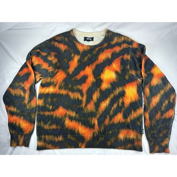 STUSSY  RARE Printed Fur Crew Neck Knit Large Cotton Multicolor - Picture 3 of 11